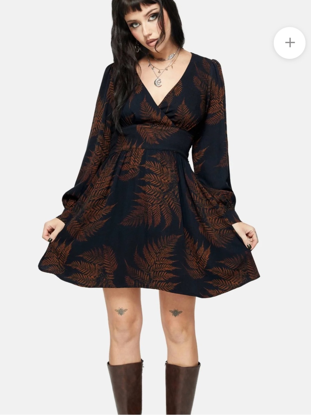 Long Sleeve V-Neck Fern Print Dress in Navy and Rust
